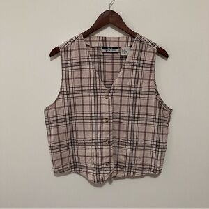 VTG Silk Exchange Silk Vest Sz XL Brown Nubby Plaid Button Front Cottagecore